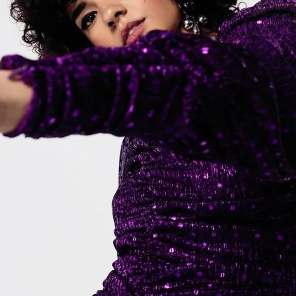 NWT For Love & Lemons purple polka dot mini holiday dress, XS - Picture 3 of 13